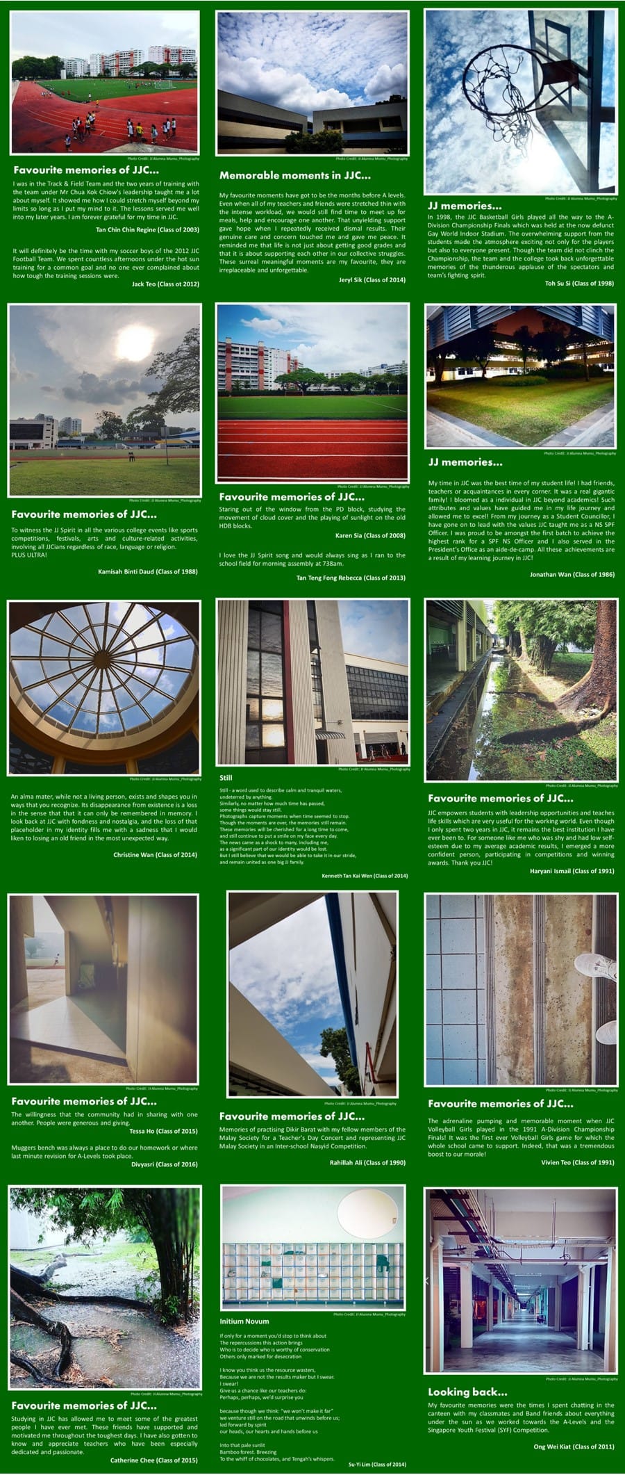 A collage of school campus photos with captions sharing favourite memories from JJC alumni across different graduation years.